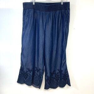 Mark Chambray Wide Leg Pants Woman XL Blue Embroidery Pull On Pockets Casual